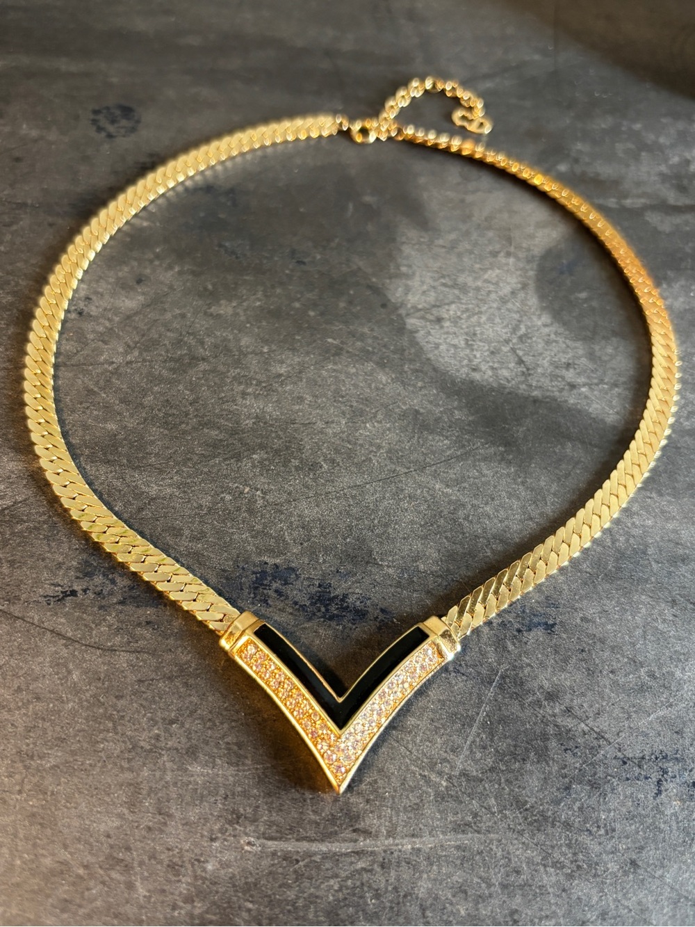 VTG 80s Christian Dior Black Enamel Chevron Choker Chain Necklace Pave Rhineston